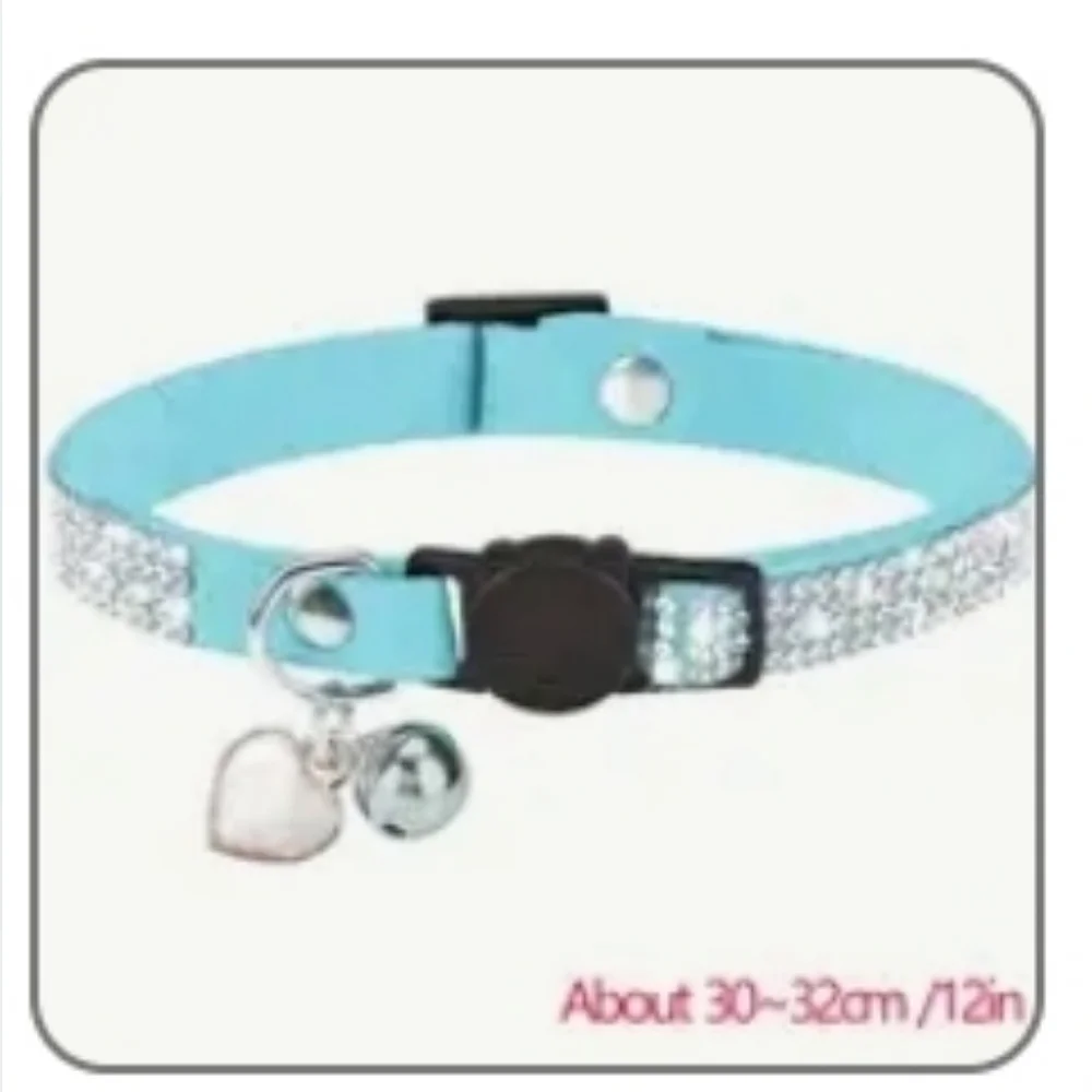 VELVET RHINESTONE 🩵 Teal Blue Collar w Heart Pendant & Bell, Breakaway Safe NEW